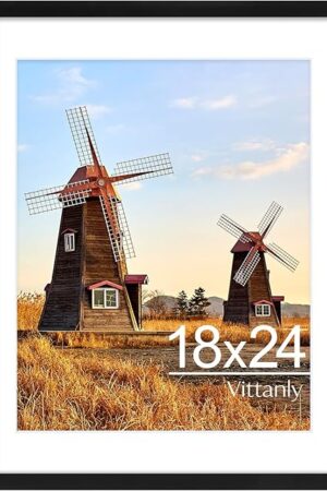 Vittanly 18x24 Picture Frame with Plexiglass - Large Black Poster Frame for Wall Display - Includes 16x20 Mat, Made of Durable PVC Design - 1 Pack