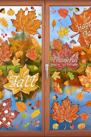 YUJUN 8 Sheets Thanksgiving Fall Window Clings - Maple Leaves Pine Cones Oil Painting Window Decals Stickers for Autumn Glass Home Decor and Thanksgiving Fall Decoration