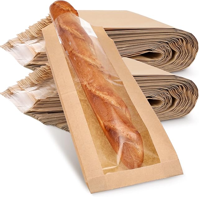 Thenshop 100 Pieces Paper Bread Bag with Window for Homemade Bread Bags Bags Brown Kraft Loaf Storage Sacks Long French Biscuits Packaging (6.5 x 2 x 18 Inch)