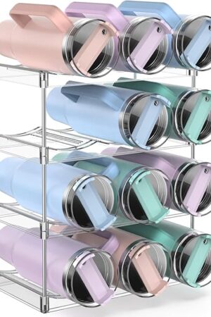 Water Bottle Organizer Stanley Cup Holder, 4-Tier Tumbler Storage, Stackable Water Bottle Holder for Kitchen Cabinet Pantry, Large Compartment fits 40 oz Tumblers, Stanley Accessories