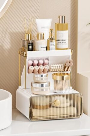 2-Tier Makeup Organizers Countertop,Versatile Bathroom Counter Organizer,Cosmetic Make Up Organizers for Vanity,Cute Skincare Organizer (Amber)