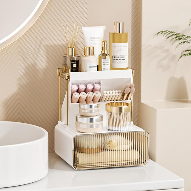 2-Tier Makeup Organizers Countertop,Versatile Bathroom Counter Organizer,Cosmetic Make Up Organizers for Vanity,Cute Skincare Organizer (Amber)