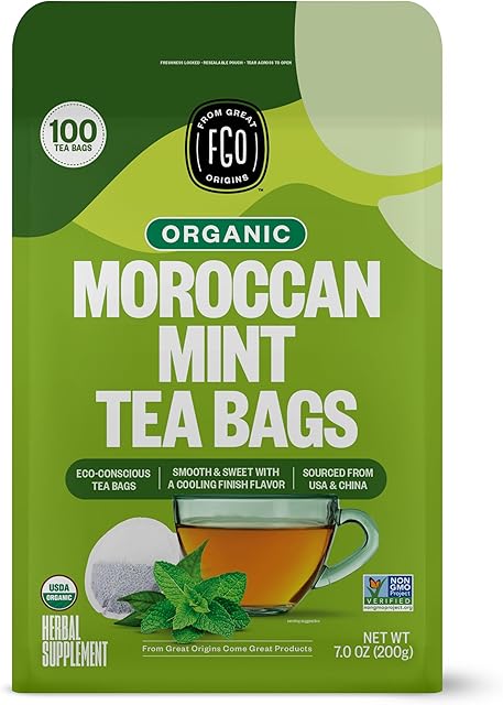 FGO Organic Moroccan Mint Green Tea, 100 Count, Eco-Conscious Tea Bags, Resealable Bag, Packaging May Vary (Pack of 1)
