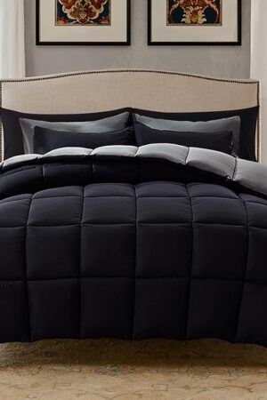 Decroom Full Comforter Set 2 Pillow Sham 3 Pieces Set Down Alternative Black/Grey Full Size