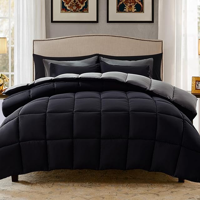 Decroom Full Comforter Set 2 Pillow Sham 3 Pieces Set Down Alternative Black/Grey Full Size