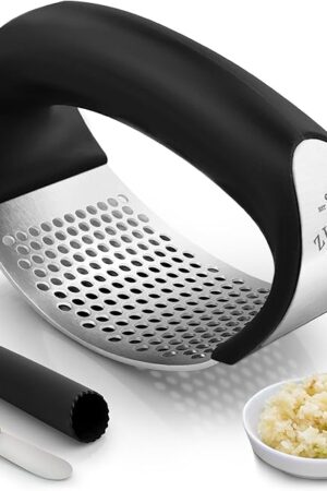 Zulay Stainless Steel Garlic Press Rocker Set - Premium Garlic Mincer Garlic Crusher - New Innovative Garlic Crusher with Peeler and Scraper - Comfortable Grip (Black)