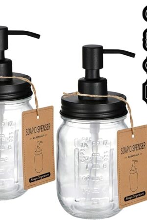 Amolliar Mason Jar Liquid Soap Dispenser -Rustproof Stainless Steel Replacement - Farmhouse Decor for Kitchen/Bathroom,Liquid Soap Pumps for Hand Soap,Dish Soap,Lotions/Black-2 Pack