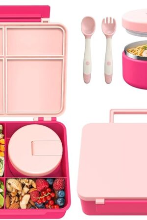 Bento Lunch Box with 8oz Soup Thermo, Kids Leakproof Lunch Food Containers with 4 Compartment, Kids Thermo Insulated Hot Food Jar for School, Trvael - (Pink)