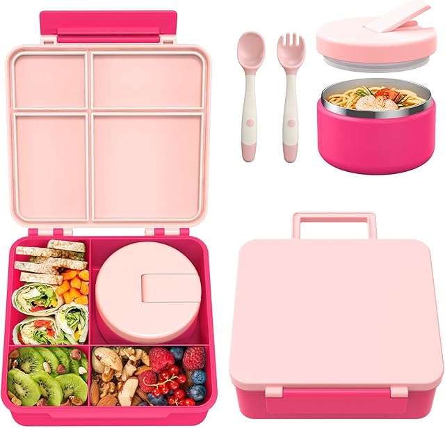 Bento Lunch Box with 8oz Soup Thermo, Kids Leakproof Lunch Food Containers with 4 Compartment, Kids Thermo Insulated Hot Food Jar for School, Trvael - (Pink)