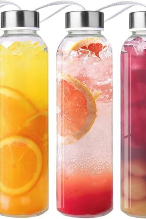 3 Packs Glass Water Bottles with Lid Clear Juice Bottles Reusable Bottle with Stainless Steel Cap Glass Cups Liquid Storage Containers for Juicing Beverage Refrigerator Travel-18oz