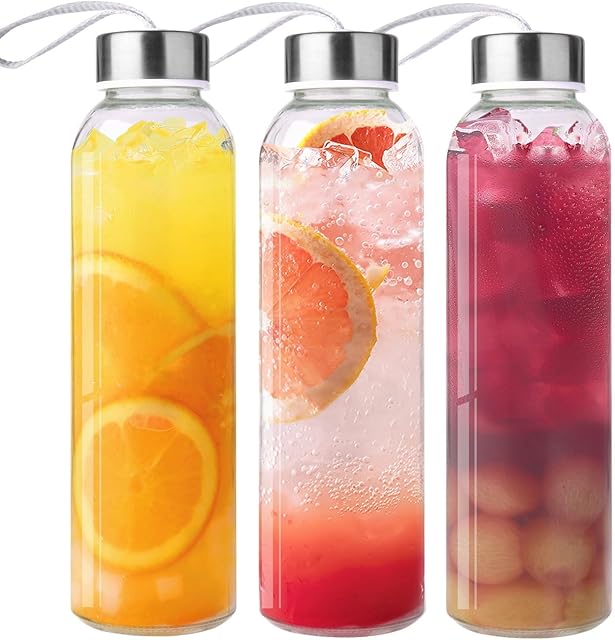3 Packs Glass Water Bottles with Lid Clear Juice Bottles Reusable Bottle with Stainless Steel Cap Glass Cups Liquid Storage Containers for Juicing Beverage Refrigerator Travel-18oz