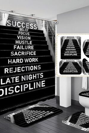 4PCS Modern Motivational Shower Curtain Sets with Non-Slip Rugs Toilet Lid Cover and Bath Mat,Black and White Art Stairs Bathroom Decor Set Accessories Waterproof Shower Curtains with 12 Hooks