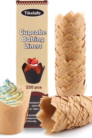 220pcs Tulip Cupcake Liners for Baking Cups,Greaseproof Cupcake Wrappers in Standard Size,Parchment paper Tulip Muffin Liners,Natural