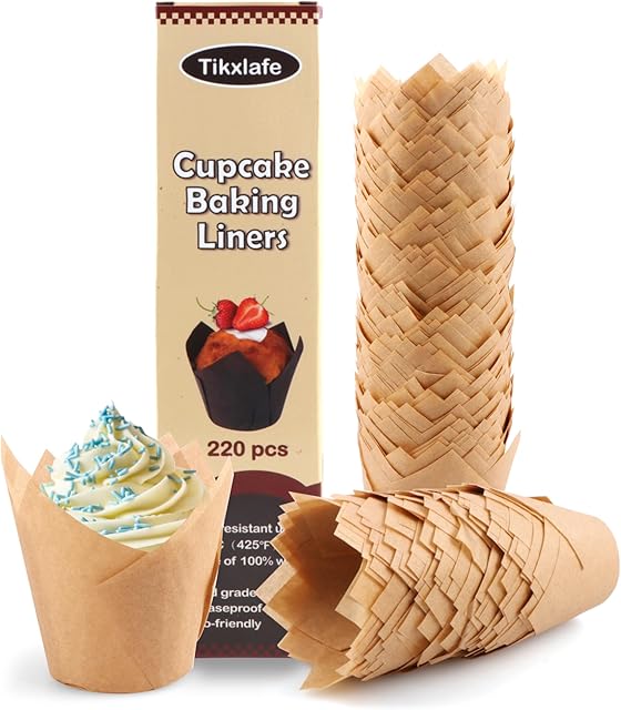 220pcs Tulip Cupcake Liners for Baking Cups,Greaseproof Cupcake Wrappers in Standard Size,Parchment paper Tulip Muffin Liners,Natural