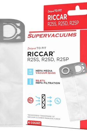 Deluxe HEPA Vacuum Cleaner Bags for Riccar R25 Series Upright Vacuum Cleaners | Heavy Duty Upright Vacuum Bags with Easy Install No-Rip Gray Collar | 99.97% Filtration Bag | 6-Pack
