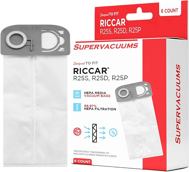 Deluxe HEPA Vacuum Cleaner Bags for Riccar R25 Series Upright Vacuum Cleaners | Heavy Duty Upright Vacuum Bags with Easy Install No-Rip Gray Collar | 99.97% Filtration Bag | 6-Pack