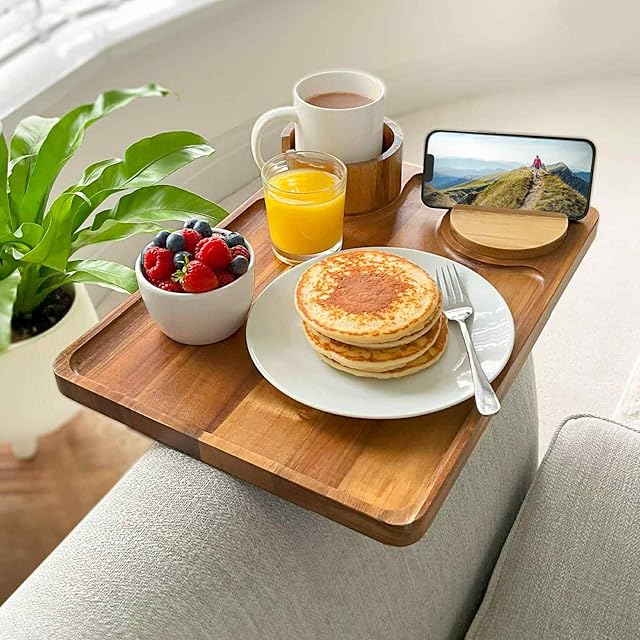 Couch Arm Table | XL Acacia Wood Folding Sofa Side Tray | Cup & Phone Holder | Adjustable Clip on TV Caddy Armrest Tray | Perfect for Eating Dinner & Snacks | Foldable Organizer Thin Console Stand