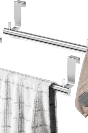 VEHHE Kitchen Towel Holder 2-Piece, 2 Hooks, EVA Foam Protective Mats, 9-Inch Stainless Steel Over The Door Towel Rack (Silver)