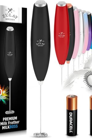 Zulay Kitchen Milk Frother Wand Drink Mixer with AA Duracell Batteries- Durable Handheld Milk Frother Electric Whisk - Easy-Clean Milk Frother Wand & Mini Blender - Electric Coffee Frother - Black