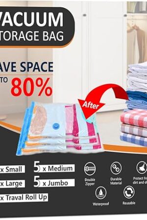 24 Pack Vacuum Storage Bags, Space Saver Bags, Compression for Comforters and Blankets, Plush Toy, Sealer Clothes Storage (5 Jumbo/5 Large/5 Medium/5 Small/4 Roll) Electric Vacuum Pump Included