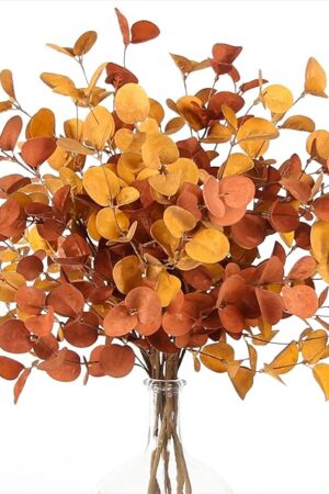 ZIFTY 6 Pcs Fall Stems Artificial Eucalyptus 26.7'' Tall Decor Fake Silver Dollar Leaves Branches for Vase Bouquets Farmhouse Autumn Party Centerpieces Floral Arrangements Yellow&Brown