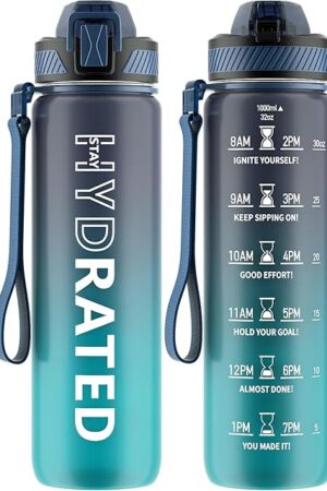 32oz Water Bottle with Straw & Time Marker, 1L BPA Free | LeakProof Design | Tritan Material | Sports Water Bottle | with Carry Strap | for Women Gym Fitness | Outdoor | 1 Pack