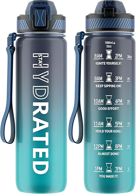 32oz Water Bottle with Straw & Time Marker, 1L BPA Free | LeakProof Design | Tritan Material | Sports Water Bottle | with Carry Strap | for Women Gym Fitness | Outdoor | 1 Pack