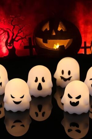 DRomance Halloween Ghost Lights Flameless Candles Battery Operated with Remote and Timer 6 Pack Spooky White LED Votive Candles Dimmable Light Halloween Indoor Decoration(2 x 2.4 Inches)
