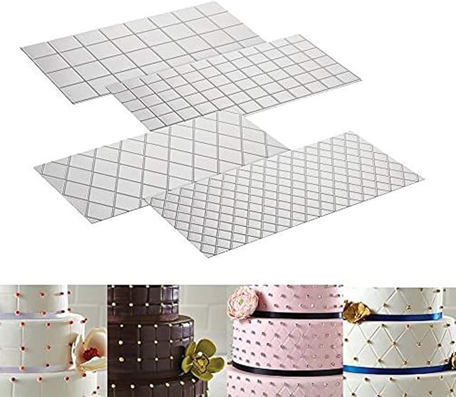 Cake Fondant Impression Mat Mold Diamond Quilted Grid Texture Embossed Lace Embossing Mat Cake Decorating Supplies for Cupcake Wedding Cake Decoration Tools(Set of 4)