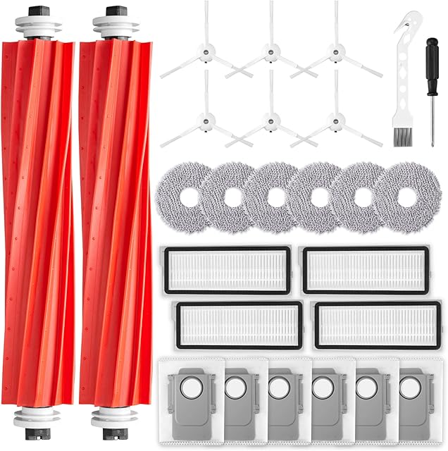 26 Pack Accessories for Roborock Qrevo S/Qrevo Pro/Qrevo Plus/Qrevo Maxv Vacuum Robot, Replacement 2 Main Brush 6 Mop Pads 6 Dust Bag 6 Sidebrush 4 Filter 1 Cleaning Brush 1 Screwdriver