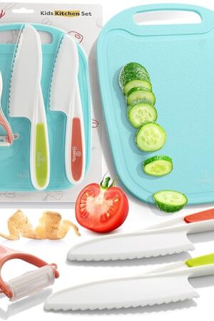 Baketivity Kid Safe Plastic Knives For Real Cooking With Cutting Board, Peeler For Kitchen - Knife Set With Blunt Tip, Dishwasher Safe, BPA Free Kids Knives For Cutting