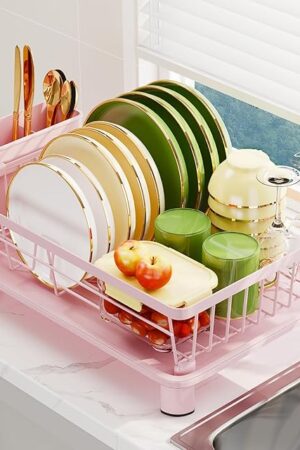 Dish Drainer Rack with Drip Tray, Sink Dish Drainer with Drainage Spout, Stainless Steel Dish Drying Rack with Cups, Utensil & Cutting Board Holders for Kitchen Counter Space-Saving, Pink