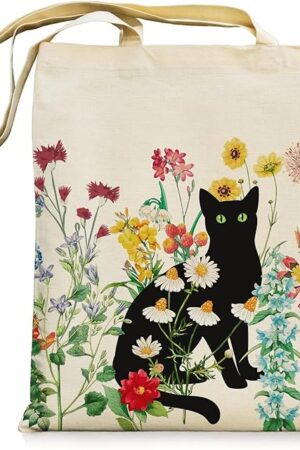bmuvghi Black Cat Canvas Tote Bag with Zipper Pockets Vintage Flowers Cute Tote Bag Aesthetic Reusable Shopping Grocery Bags Birthday Gifts for Women