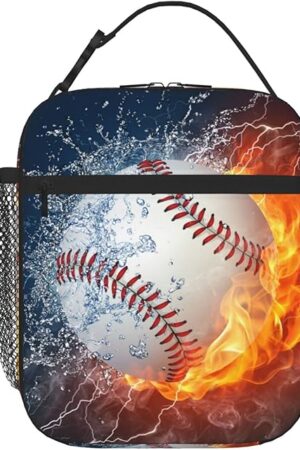 Cool Fire Baseball Lunch Box Insulated Lunch Bag Box kids Girls Boys, Reusable Small Bento Lunch Box Containers for kids Women Men, Cooler Tote Bag Lunchbox for Work Office School Picnic