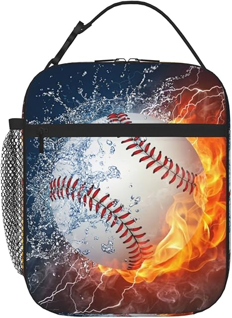 Cool Fire Baseball Lunch Box Insulated Lunch Bag Box kids Girls Boys, Reusable Small Bento Lunch Box Containers for kids Women Men, Cooler Tote Bag Lunchbox for Work Office School Picnic