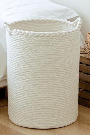 58L Woven Laundry Basket,Cotton Tall Laundry Hamper for Blankets,Clothes,Pillows,Toys,Shoes Large Laundry Bin White