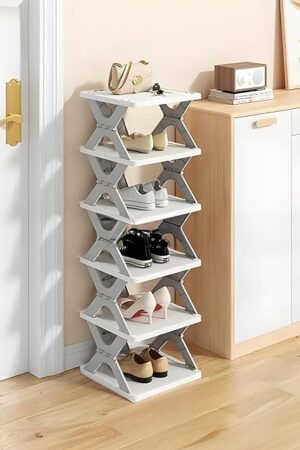6 Tier Kids Shoe Rack, Collapsible Shoe Rack for Kids' Rooms, Foldable Vertical Shoe Organizer for Front Door Entrance, Compact Shoe Storage Shelf for Narrow Spaces (Gray-X)