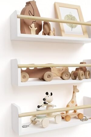 Decorative Nursery Bookshelves for Kids - Set of 3 Easy to Install Floating Shelves for Wall Mount - Beautiful Hanging Organizer Furniture for Your Baby Boy or Girl's Bedroom and Play Room Decor