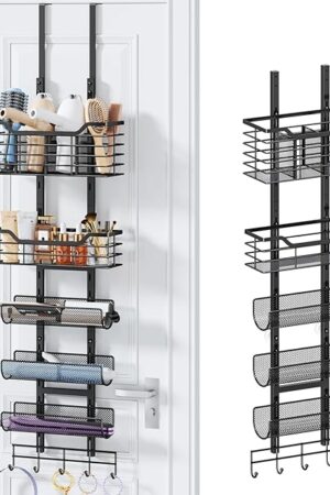 Consmest 6-Tier Hair Tool Organizer - Hair Dryer Holder Over The Door/Wall Mounted DIY Adjustable Shelf Bathroom Door Organizer with Hook for Curling Iron/Blow Dryer/Straightener Black