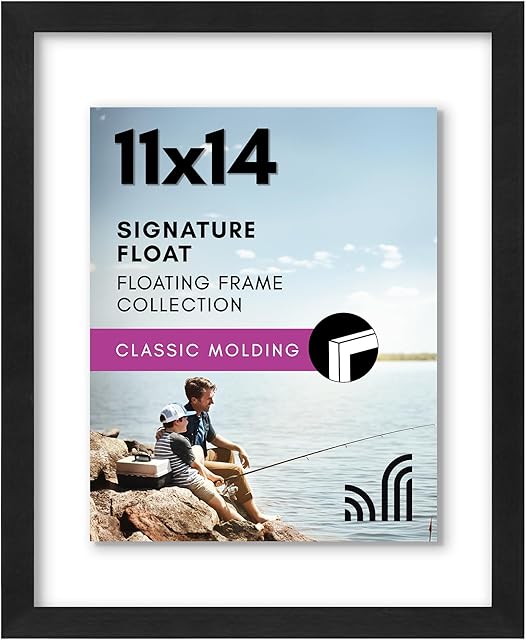 Americanflat 11x14 Floating Picture Frame with Polished Crystal-Clear Glass - Use as 8x10 Picture Frame or Display 5x7 Photo - Signature Float Collection - Photo Frames for Wall Display - Black