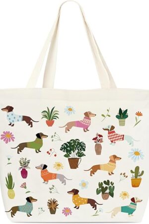 Dachshund Canvas Tote Bag, Potted Plant Lover Gifts, Library Book Bags, Dachshund Gift Bag, Reusable Grocery Shoulder Bags For Women Dog Lovers Bookworm B(01)
