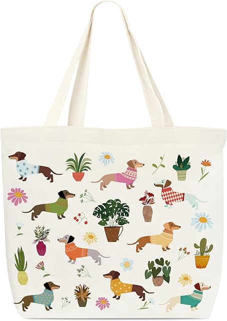 Dachshund Canvas Tote Bag, Potted Plant Lover Gifts, Library Book Bags, Dachshund Gift Bag, Reusable Grocery Shoulder Bags For Women Dog Lovers Bookworm B(01)