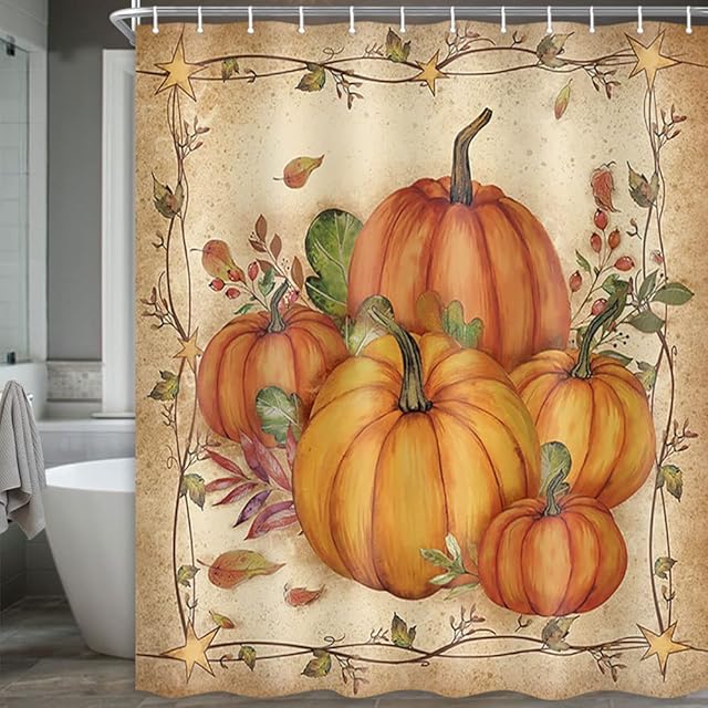 Boziqr Fall Shower Curtains for Bathroom, Autumn Pumpkin Harvest Farmhouse Thanksgiving Halloween Fabric Shower Curtain with Hooks Set 70x70 Inch