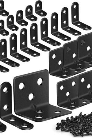 25Pcs L Brackets for Shelves, 3 Sizes Angle Corner Braces Metal L Bracket Heavy Duty for Wood, Sturdy and Rustproof for Repairing Furniture with 82Pcs Screws Mounting Bracket Easily Black