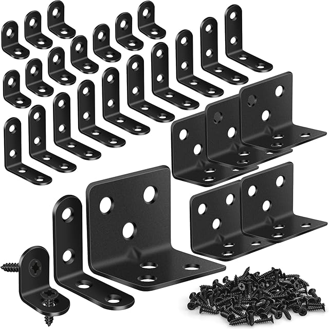25Pcs L Brackets for Shelves, 3 Sizes Angle Corner Braces Metal L Bracket Heavy Duty for Wood, Sturdy and Rustproof for Repairing Furniture with 82Pcs Screws Mounting Bracket Easily Black
