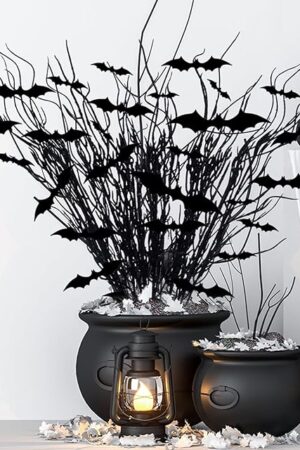 Zeyune 20 Pcs Halloween Black Artificial Branches Floral Picks Vase Filler 17.72 Inch Artificial Curly Willow and 3D Bats Wall Decals Sticker Decor Tree Glittery Flowers for Gothic Home