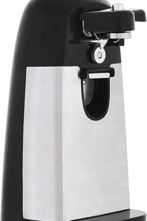 Amazon Basics 3-In-1 Electric Can Opener, Bottle Opener and Knife Sharpener, with Stainless Steel Blade, Magnetic Lid Holder, Automatic, Countertop, 50W, Black