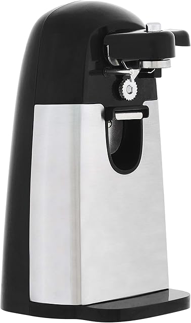 Amazon Basics 3-In-1 Electric Can Opener, Bottle Opener and Knife Sharpener, with Stainless Steel Blade, Magnetic Lid Holder, Automatic, Countertop, 50W, Black