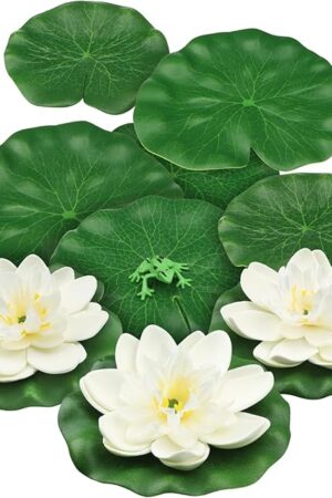 10pcs Artificial Floating Foam Lotus Flowers with Artificial Frog Lotus Leaves, Lily Pads for Lake, Pond Plants Ornaments for Pool Aquarium Water Decoration, White