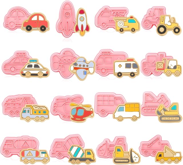 16 PCS Transportation Vehicle Cookie Cutters with Plunger Stamper, Car Cookie Mould Set, Transportation Theme Set Embossing Dies, Construction Vehicles Cookie Cutters Set for Fondant Cookies